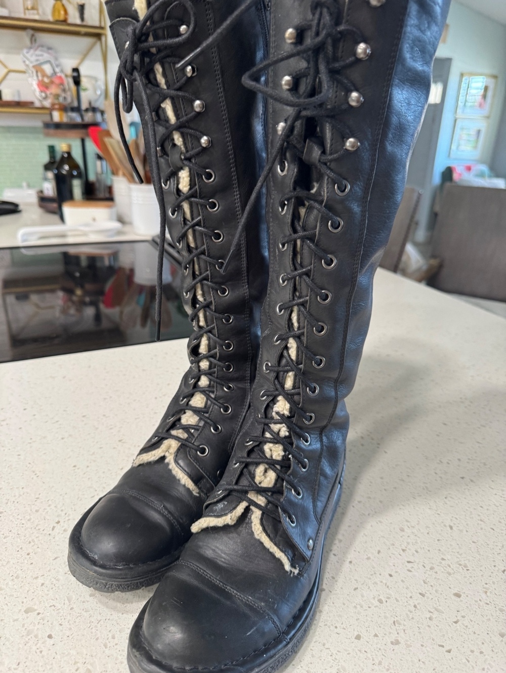 ALDO Black Leather Knee High Lace Up Shearling Lined Boots Size 40